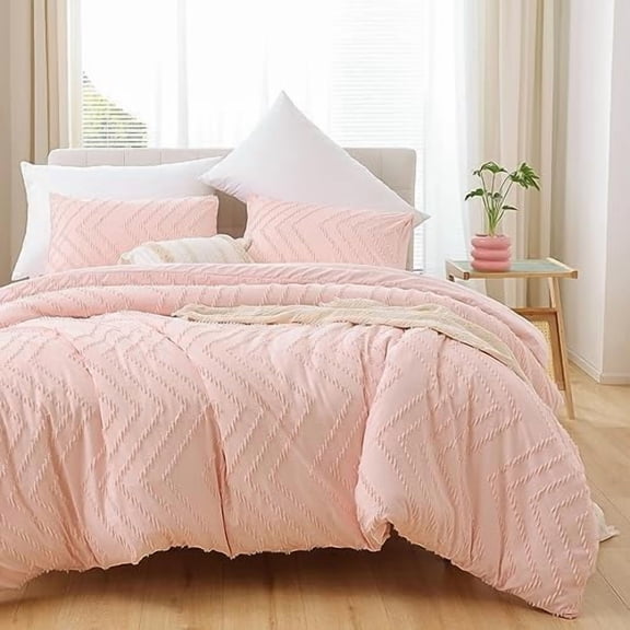 Pink Comforter King Size 3Pcs, Boho Vertical Tufted Comforter Set King Pink Farmhouse Bedding Sets King, Lightweight Neutral Blush Boho Bed Set (1 Comforter, 2 Pillowcases)