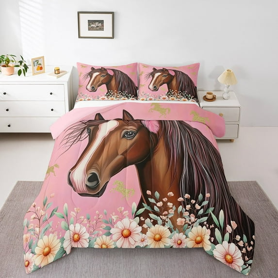 Pink Comforter Set Full Size,Western Horse Animal Bedding Set Women,Rustic Floral Bedding Comforter Sets,Western Cowgirl Bed Sets,Horse Decor Room
