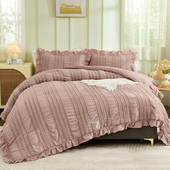 Pink Comforter Set Queen 3 Piece, Ruffle Farmhouse Boho Bedding with 1 Comforter 2 Tufted Pillowcases 90x90 inch, Shabby Chic