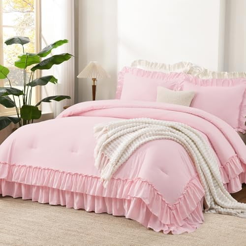 Pink Comforter Set Queen Size, Lightweight Fluffy Farmhouse Pink Ruffle Bedding Set, Soft Microfiber All Season Shabby Chic Bed Comforter Set 3 Pieces(1 Ruffle Comforter 2 Pillowcases)