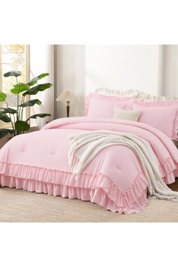 Pink Comforter Set Queen Size, Lightweight Fluffy Farmhouse Pink Ruffle Bedding Set, Soft Microfiber All Season Shabby Chic Bed Comforter Set 3 Pieces(1 Ruffle Comforter 2 Pillowcases)