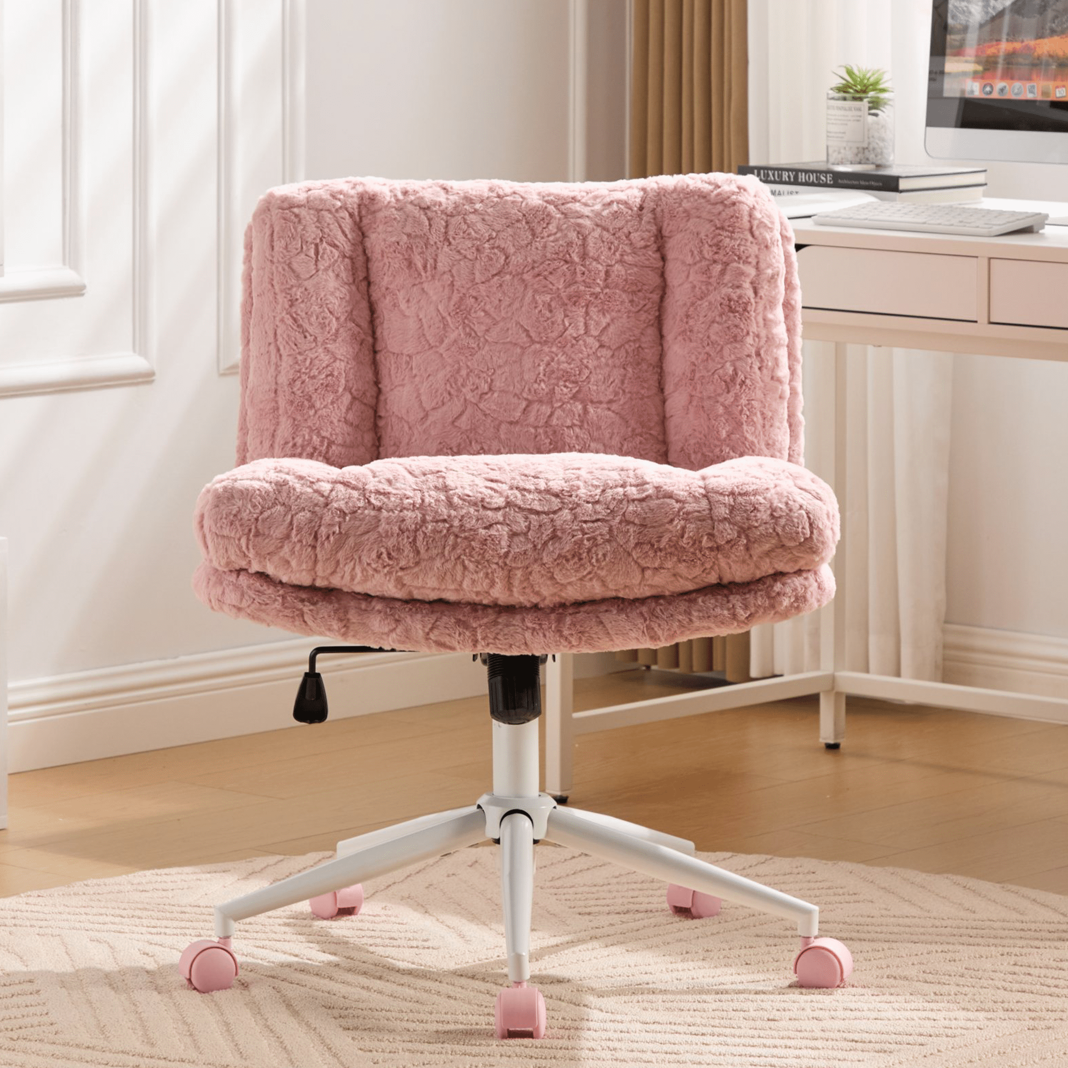 SESSLIFE 26.4 inch Wider Seat Office Chair, Artificial Rabbit Hair Home Office Chair with Metal Base, Adjustable Desk Chair Swivel Office Chair, Vanity Chair(Pink)