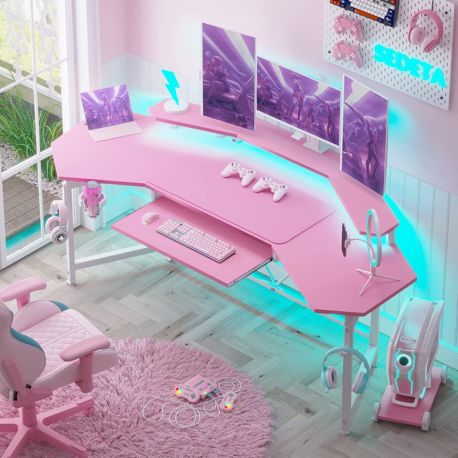 Pink Computer Gaming Desk with LED Lights, L Shaped Gaming Desk Table