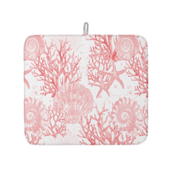 Pink Conch Coral Shell Starfish Dish Drying Mats for Kitchen Counter,Absorbent Microfiber Dish Drainer Rack Mat Watercolor Marine Life Drying Pad for Sinks,Utensils,Countertops,16x18in