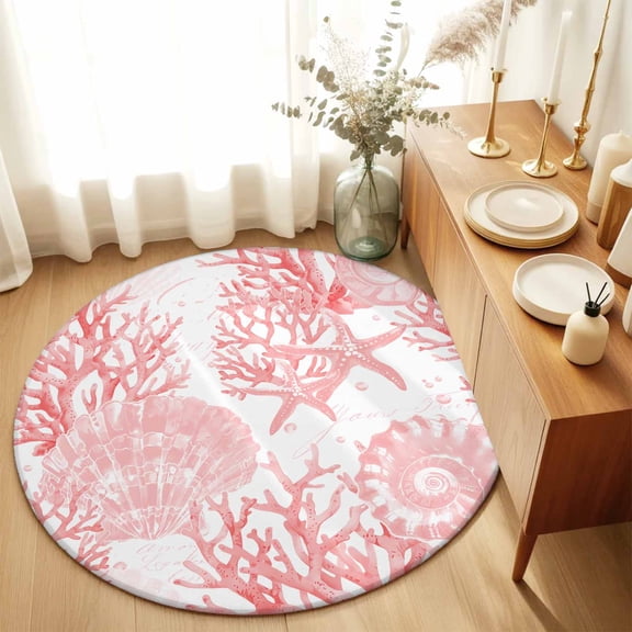 Pink Conch Coral Shell Starfish Round Rug 3ft Watercolor Marine Life Washable Area Rugs for Living Room Bedroom Entryway Non Slip Entrance Door Mat Indoor Floor Carpet