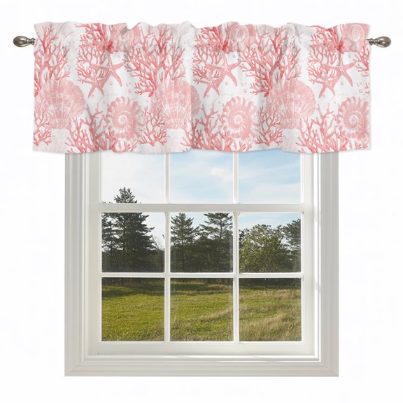 Pink Conch Coral Shell Starfish Valances for Windows Watercolor Marine Life Rod Pocket Curtain Valance Window Treatment Short Curtains for Kitchen Living Room,54x18in