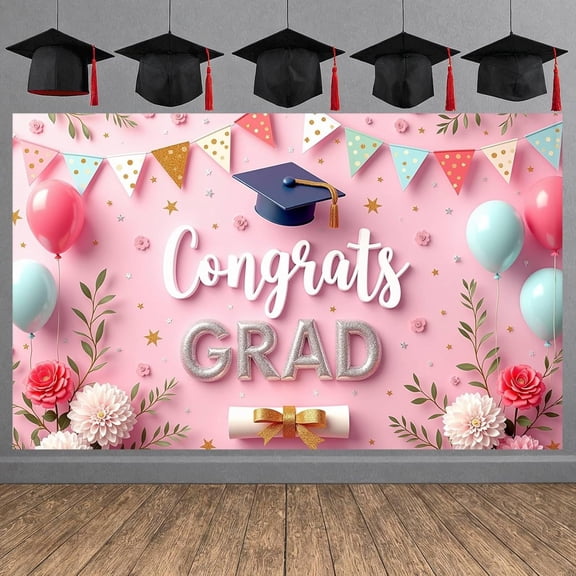 Pink Congrats Grad Backdrop Decorations, Pink Graduation Banner Party Decorations Large 2026 Graduation Photography Background for 2026 High School College Party Supplies 71x43Inch