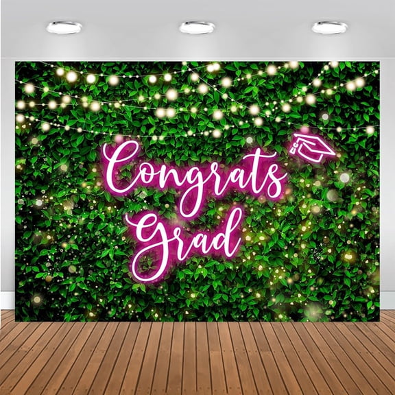 Pink Congrats Grad Backdrop Green Leaves Graduation Party Decorations Banner Greenery Wall Graduation Prom Photography Background Supplies