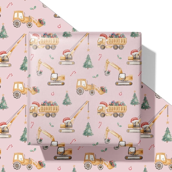 Pink Construction Christmas Wrapping Paper for Kids - Holiday Wrapping Paper with Dump Trucks, Cranes, Excavators with Santa Hats & Gifts, Christmas Tree - 40×28 Inches, 4 Folded Sheets