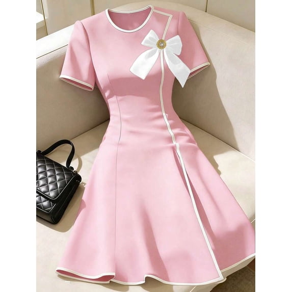 Pink Contrast Trim Bow Accent Elegant Short Sleeve Fit & Flare Mini Dress