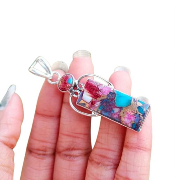 Pink Copper Turquoise Necklace, Statement Pendant, 925 Silver Pendant, Delicate Necklace Silver, Handmade Necklace For Women, Rectangular Stone Pendant, Boho Necklace Women