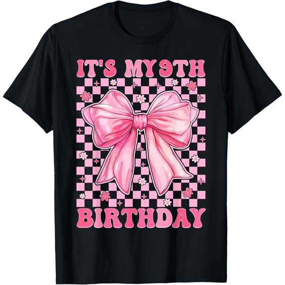 Pink Coquette Bow 9Th Birthday Girl T Shirt Size S-5XL