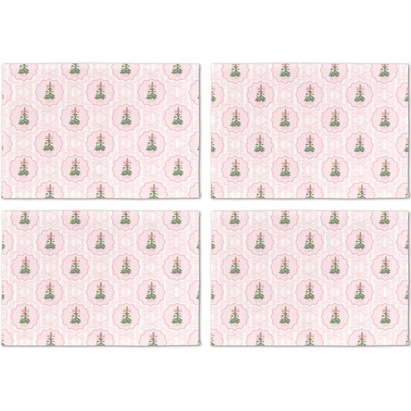 Pink Coquette Bow Christmas Tree Placemats Set of 4, Preppy Pink Chinoiserie Christmas Table Mats Place Mats for Home Kitchen Dining Table Winter Xmas Holiday Party Decoration, 12x18 Inch
