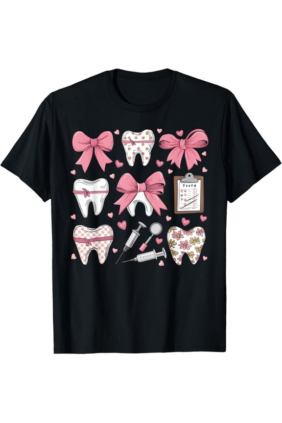 Pink Coquette Bow Cute Teeth Dentist Squad Dental Assistant T-Shirt