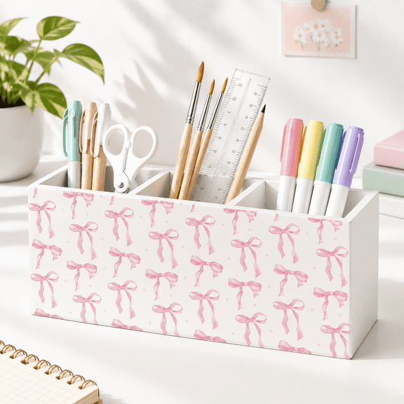 Pink Coquette Bow Pen Pencil Holder For Desk Girly Office Decor Preppy Aesthetic Wooden Box Sign Decorations Room Bedroom Dorm Ta