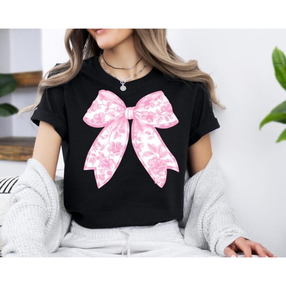 Pink Coquette Bow Shirt for Women,Cute Graphic Tee Tops, Soft Comfort T shirt，Round neck，Fashion，cotton，black，S-5XL