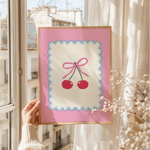 Pink Coquette Cherry Design2 Poster Fruit Wall Art Kitchen Trendy Cute Dorm Room Design2 Poster, Unframed Size 8x12