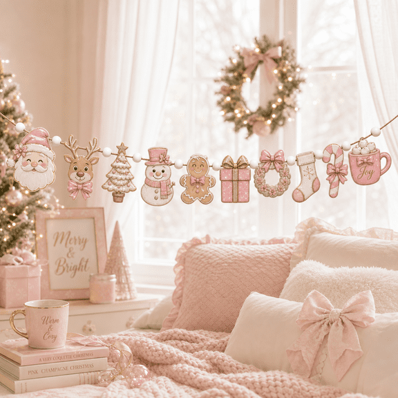 Pink Coquette Christmas Wooden Garland Bead Mantel Holiday Decor