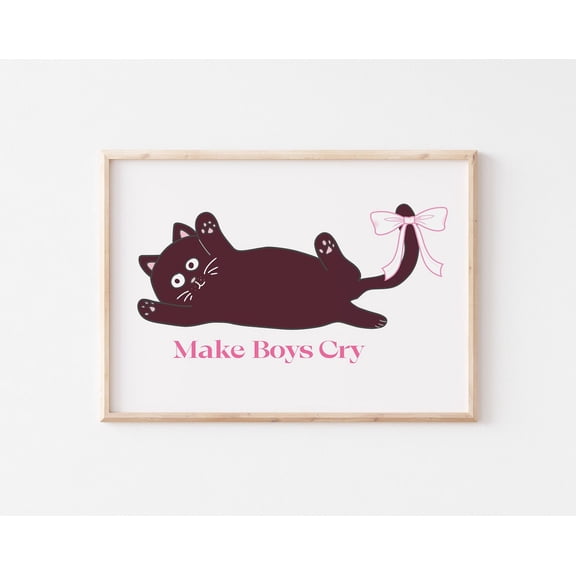 Pink Coquette Decor, Make Boys Cry Print, Pink Bow Soft Aesthetic Art, Girly Wall Art, Preppy Coquette Cat Print Wall Art, Modern Wall Decor, 16x24 UNFRAMED