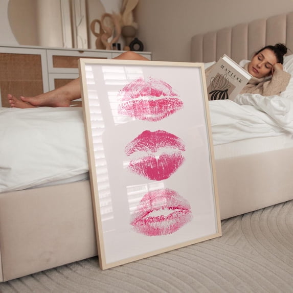 Pink Coquette Lips Kiss Retro Girly Poster, Stretched Canvas 12x16in