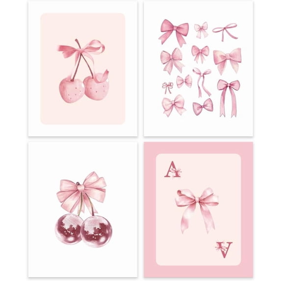 Pink Coquette Wall Art Prints Set of 4 Preppy Coquette Room Decor Aesthetic Pink Cherry Wall Decor Posters for Bedroom Bathroom Dorm - 10x8Inch (Unframed)