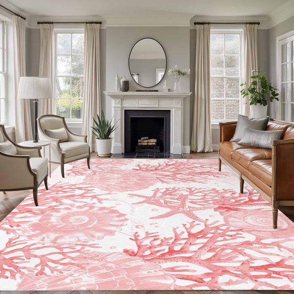 Pink Coral Area Rug 6x9 FT, Non Slip Living Room Throw Carpet, Coastal Nautical Ocean Starfish Conch Washable Soft Large Floor Carpet Non-Shedding Rug for Bedroom Dining Room Play Room