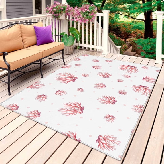 Pink Coral Coastal Outdoor Rug 5x8 Ft, Non Slip Washable Area Rug, Nautical Summer Beach Ocean Sea Patio Rugs Carpet Runner, Large Floor Mat for Indoor/Outdoor Deck Porch Camping