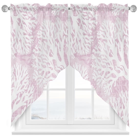 Pink Coral Coastal Swag Curtains Valance For Kitchen Windows, White Summer Beach Ocean Seaside Wide Rod Pocket Curtain Drapes, Bathroom Cafe Living Room Light Filtering Drapery Panels, 72"W x 36"H