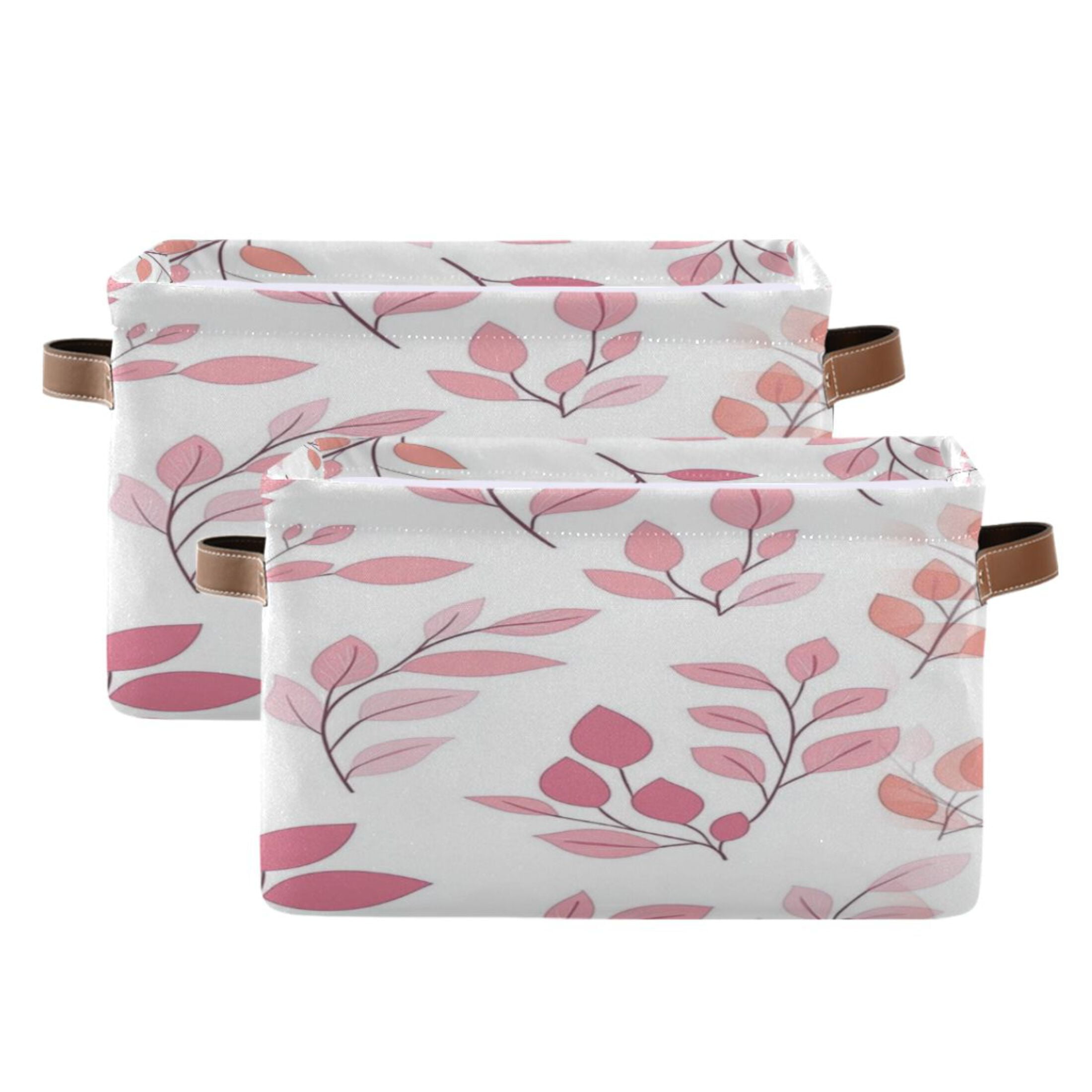 Pink and Coral Leaves Foldable Storage Basket,Canvas Fabric Foldable Storage Bins with Handles Open Home Storage Bins Boxes for Toy Book Shelf Closet Baskets