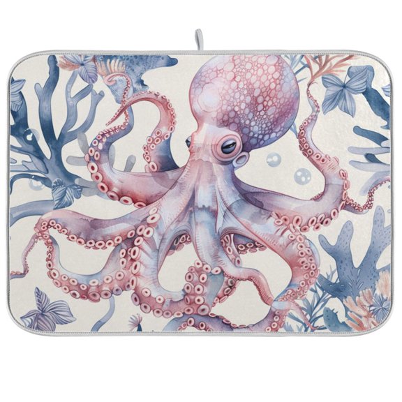 Pink Coral Octopus Dish Drying Mat Dish Drainer Rack Mats Water Absorbent Non-Slip Easy Clean Heat Resistant for Kitchen Counter