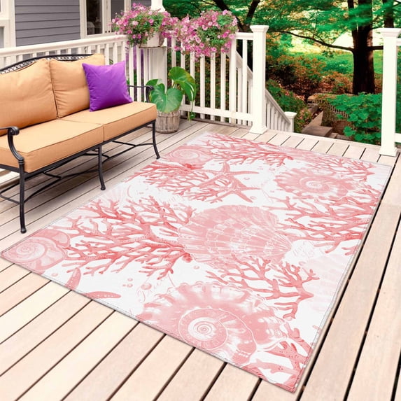 Pink Coral Outdoor Rug 6x9 Ft, Non Slip Washable Area Rug, Coastal Nautical Ocean Starfish Conch Patio Rugs Carpet Runner, Large Floor Mat for Indoor/Outdoor Deck Porch Camping