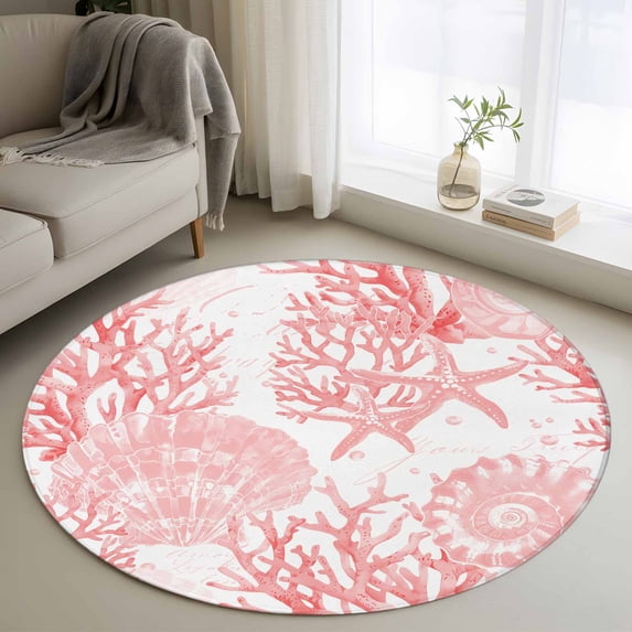 Pink Coral Round Area Rug 3.3 FT, Non Slip Small Entryway Kitchen Mat, Coastal Nautical Ocean Starfish Conch Washable Soft Circular Rug Non-Shedding Door Mat for Bathroom Playroom Kids Room