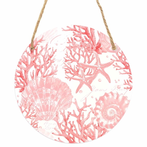 Pink Coral Round Front Door Welcome Sign, 5.9 Inch Wall Hanging Decor for Indoor Outdoor, Coastal Nautical Ocean Starfish Conch Home Porch Hanger Decorations for Holiday Gift