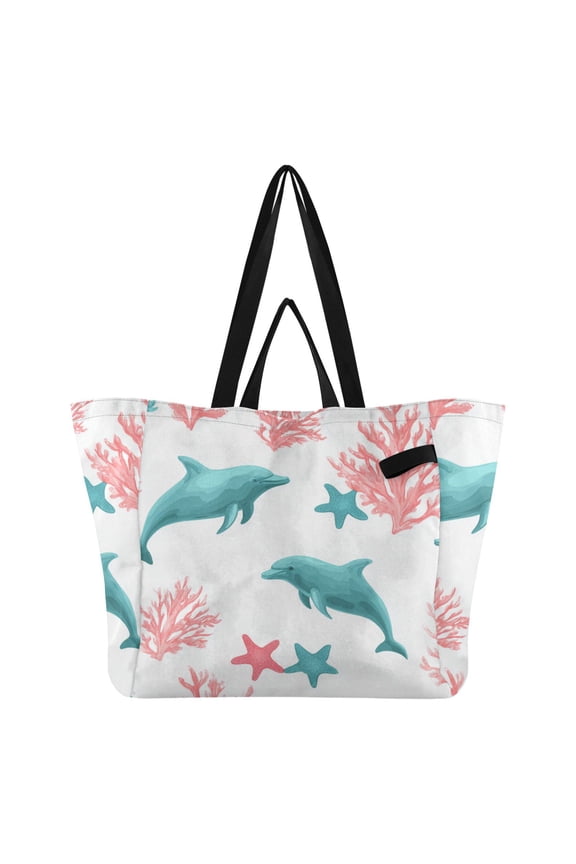 Pink Corals Blue Dolphins Foldable Canvas Tote Bags Reusable Grocery Bags Laundry Bags Beach Bag 32L