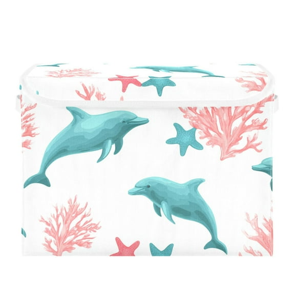 Pink Corals Blue Dolphins Foldable Storage Bin with Lid and Handle Collapsible Storage Box 16.5 x 12.6 x 11.8 inches