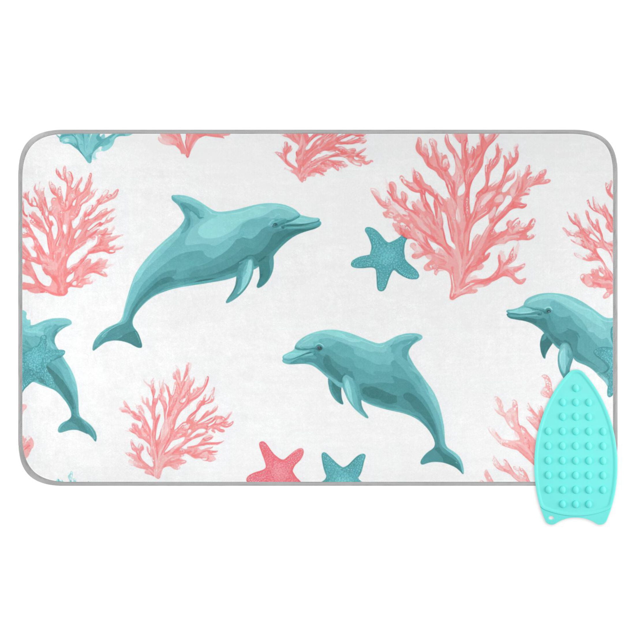 Pink Corals Blue Dolphins Ironing Mat Blanket Portable Travel Ironing Pad Heat Resistant Pad 47.2" x 27.6”