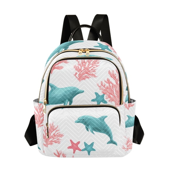 Pink Corals Blue Dolphins Quilted Backpack Fashion Daypack Commuter Bag for Women 8.5 L