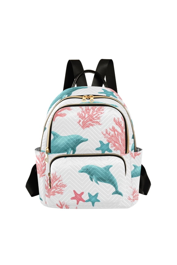 Pink Corals Blue Dolphins Quilted Backpack Fashion Daypack Commuter Bag for Women 8.5 L