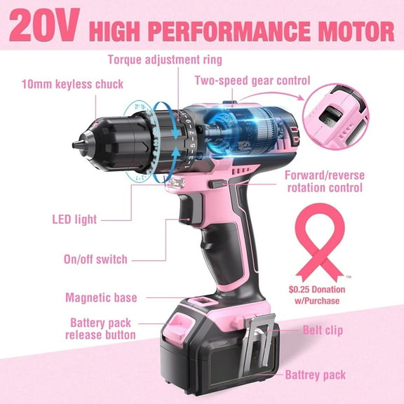 Pink Cordless 20V Drill Driver Kit with Lithium-Ion Battery, Charger & Storage Bag Perfect Gift for Women, DIY & Home Projects (Pink Ribbon)