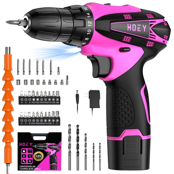 Pink 12V Cordless Drill Kit for Women, Lightweight Electric Screwdriver with Battery, Charger, LED Light for Home Repair, DIY Projects and Gifts
