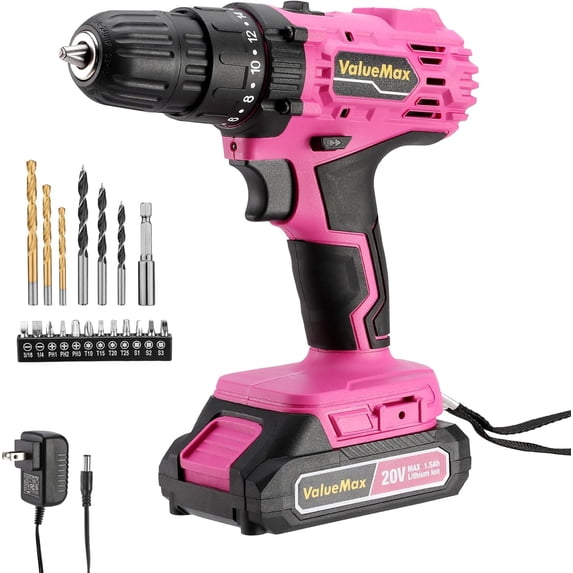 Pink Cordless Drill Set, 20V Lithium-ion Power Drill Set with LED Light and Magnetic Holder, 3/8-Inch Keyless Chuck, 18+1 Torque Settings, Electric Cordless Drill Set with Battery and Charger