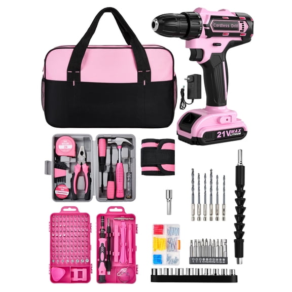 Pink Cordless Drill Set 215 Pcs, 21V Pink Power Drill Tool Set Kit with Storage Bag, Electric Drill Set for Women, Precision Screwdriver set, Magnetic Tool Belt, ToolBox for DIY Projects