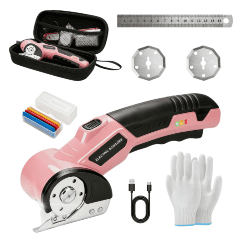 Pink Cordless Electric Scissors, Professional Fabric Cutting Kit, With 3 Sharp Blades, Steel Ruler, Fabric Marking Pen, Storage Case, Delivers Smooth And Even Cuts
