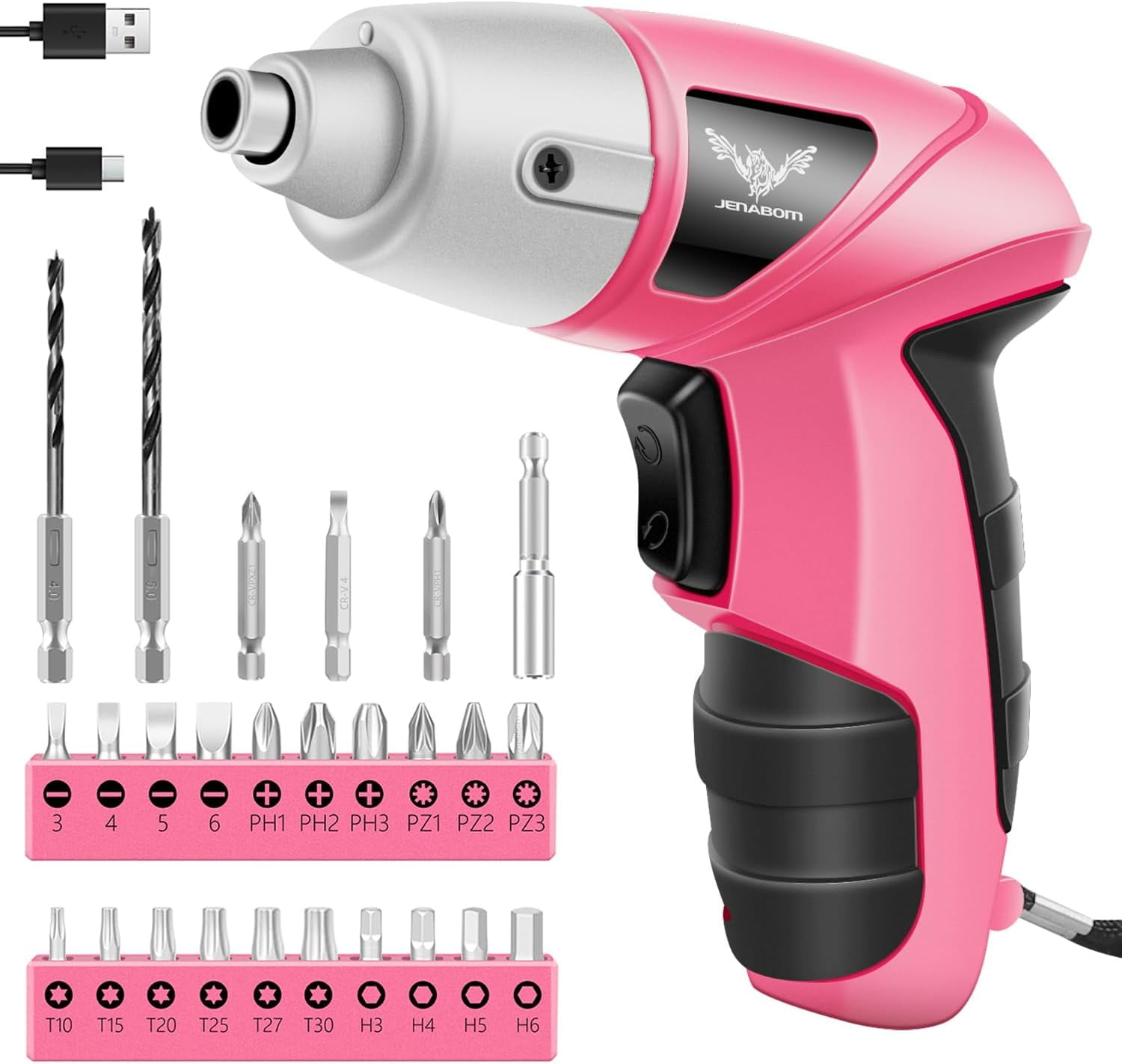 Pink Cordless Electric Screwdriver, 3.6V Rechargeable Small Electric Drill with 24pcs Driver Bit Set, Power 3.5Nm Screw Gun with LED Light for Women