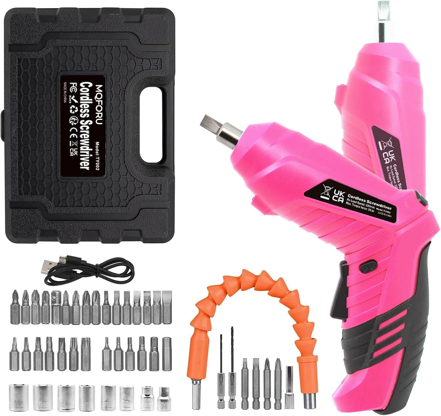 Pink Cordless Electric Screwdriver Set, 3.7V Rechargeable Small Electric Drill with 47pcs Driver Bit Set, Power 3Nm with 2 Position Handle, ible Shaft LED Light for Women