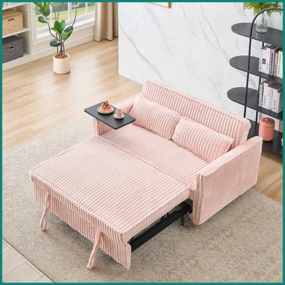Pink Corduroy 2-Seat Pull-Out Sofa Bed with Movable Tabletop & USB Ports for Living Room/Bedroom