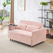 Pink Corduroy Pull-Out Sofa with Movable Tabletop & USB Ports, Dual Function for Living Room & Bedroom