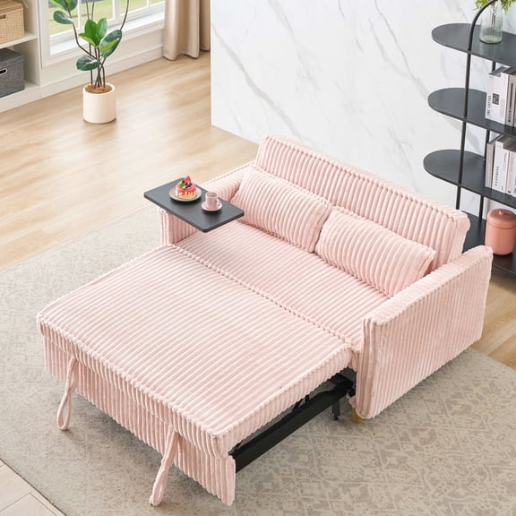 Pink Corduroy Sofa with Movable Table and USB | Transform to Bed for TV Binge in Living Room