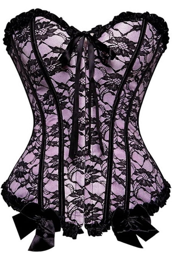 Pink Corset Plus Size Bustier Top Women Overbust Floral Lace Lingerie Victorian Burlesque Costume Halloween 2XL