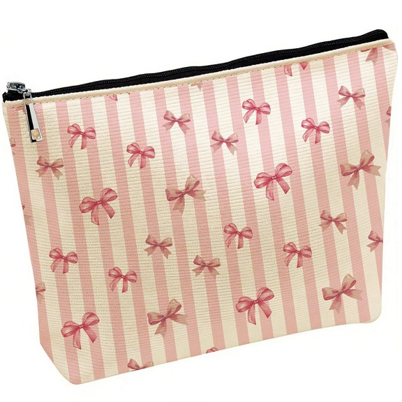 Pink Cosmetic Pouch Makeup Bag 10 x 7 Inch Trendy Coquette Preppy Gift Pink Elegant Canvas Zipper Makeup Case Organizer Travel Toiletry Purse